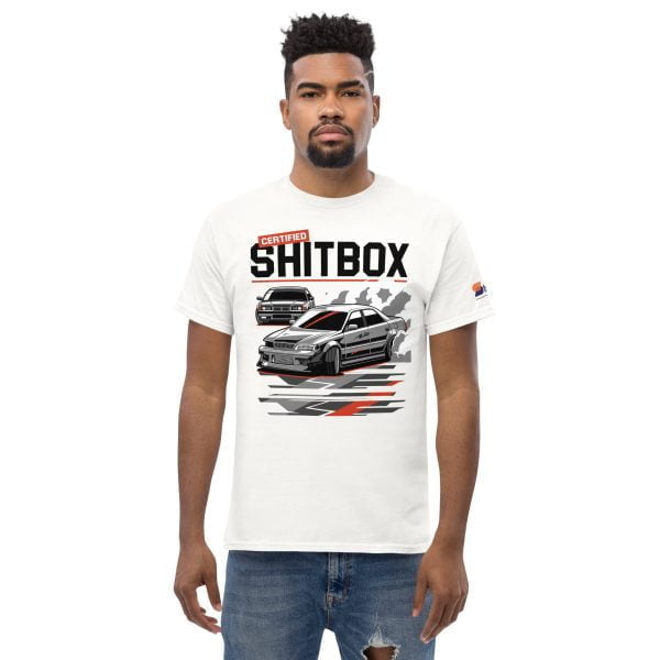 A man wearing a white t-shirt drifts in an E36 BMW & JDM JZX100 Toyota Chaser Drifting Men's T-shirt "Certified Shitbox".