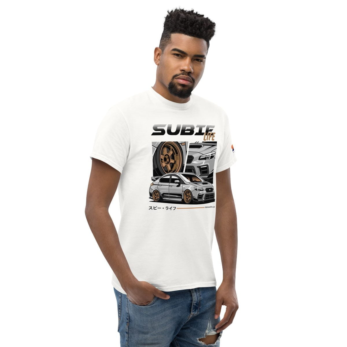 A man wearing a white Subaru WRX STI Subie Life Mens Classic T shirt | StancedLife