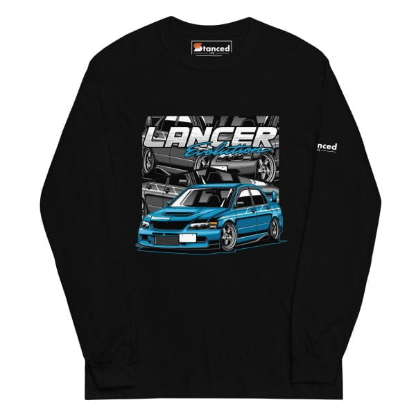 A Mitsubishi Lancer Evo 10 Men’s Long Sleeve Shirt with a blue car.