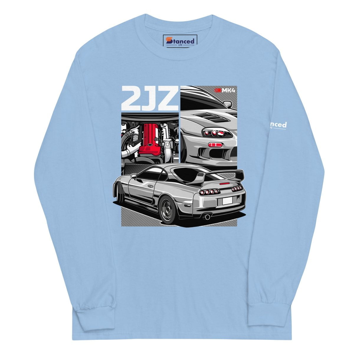 A long sleeve Toyota Supra MKIV 2JZ Mens Long Sleeve Shirt featuring an image of a Toyota Supra sports car | StancedLife