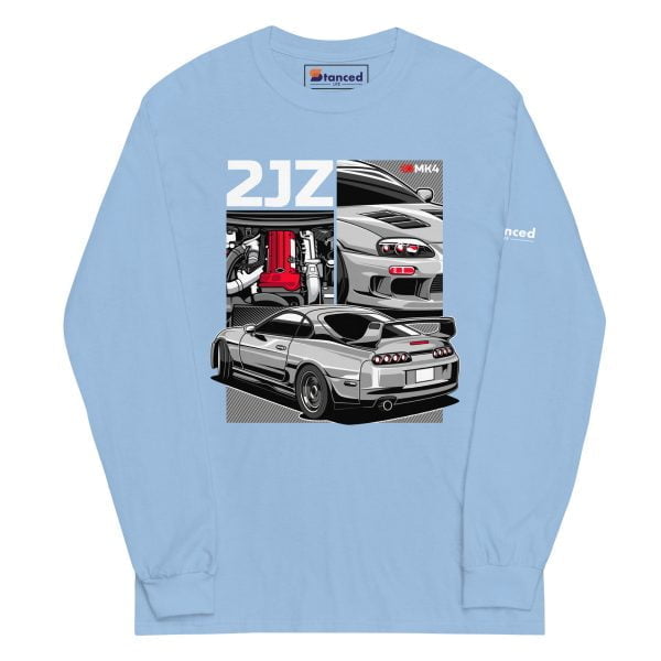 A long sleeve Toyota Supra MKIV 2JZ Men’s Long Sleeve Shirt featuring an image of a Toyota Supra sports car.