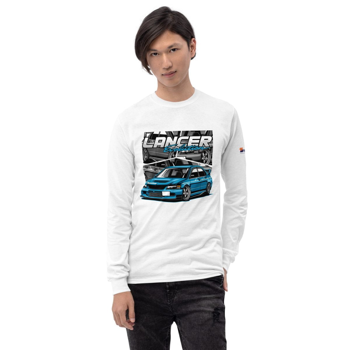 A man wearing a Mitsubishi Lancer Evo 10 mens long sleeve shirt with a blue car on it featuring the Mitsubishi Lancer Evo 10 design | StancedLife