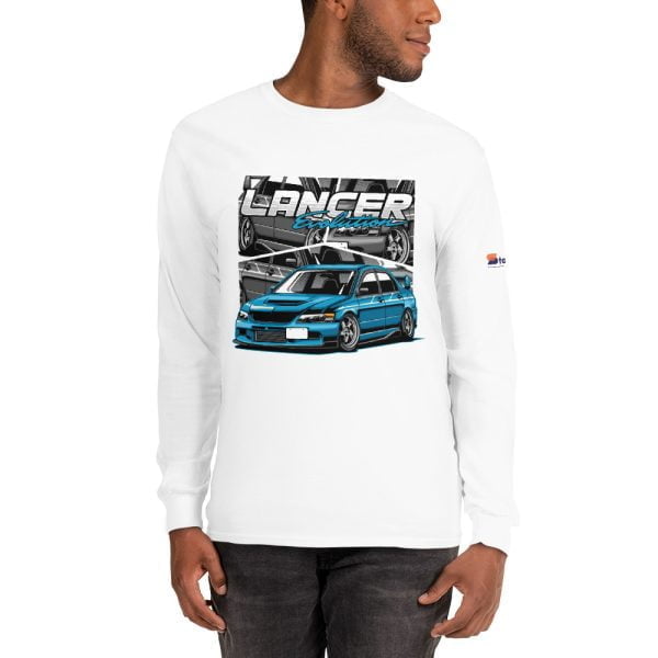 A man wearing a Mitsubishi Lancer Evo 10 Men’s Long Sleeve Shirt with a blue car (Mitsubishi Lancer Evo 10) on it.