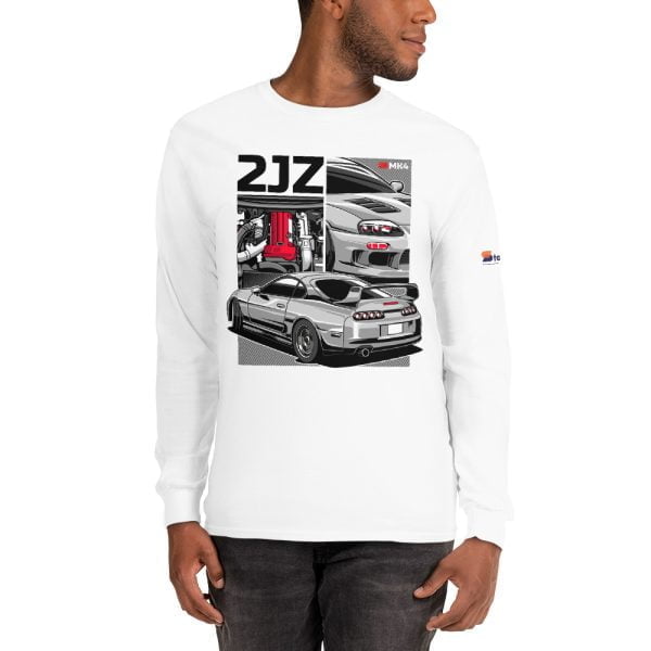A man wearing a white long sleeve t-shirt with an image of a Toyota Supra MKIV 2JZ.