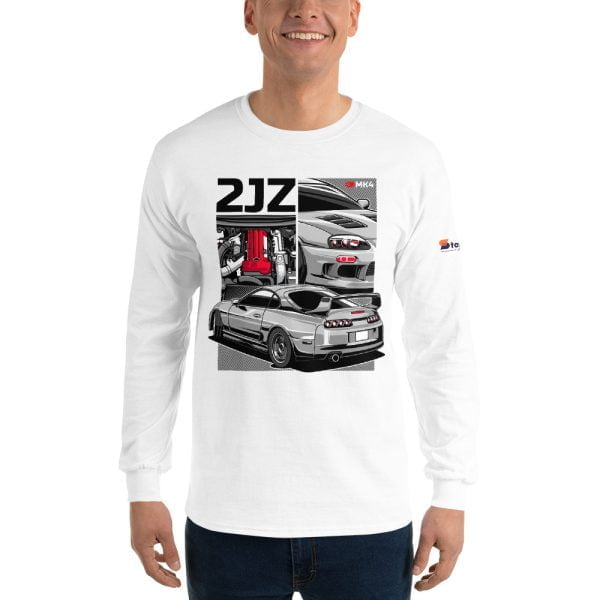 A white long sleeve t - shirt with the words Toyota Supra MKIV 2JZ Men’s Long Sleeve Shirt.