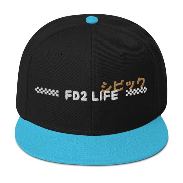 A black and blue Honda Civic Snapback Hat "FD2 Life" with white text.