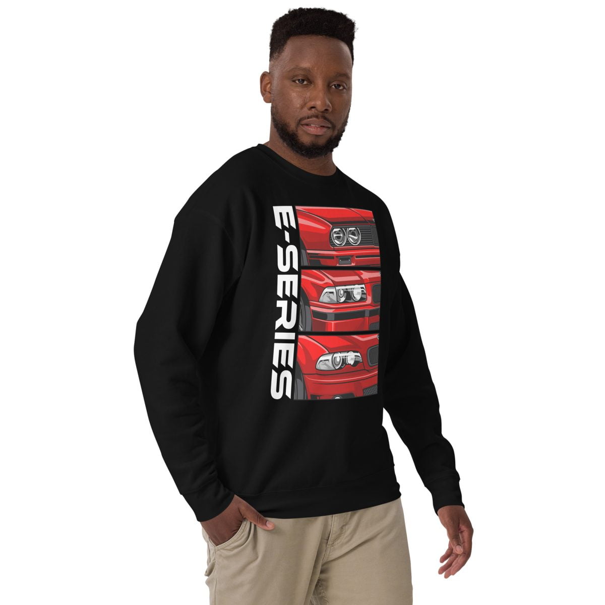 A man wearing a BMW 3 Series E30 E36 E40 Unisex Premium Sweatshirt with a red car on it | StancedLife