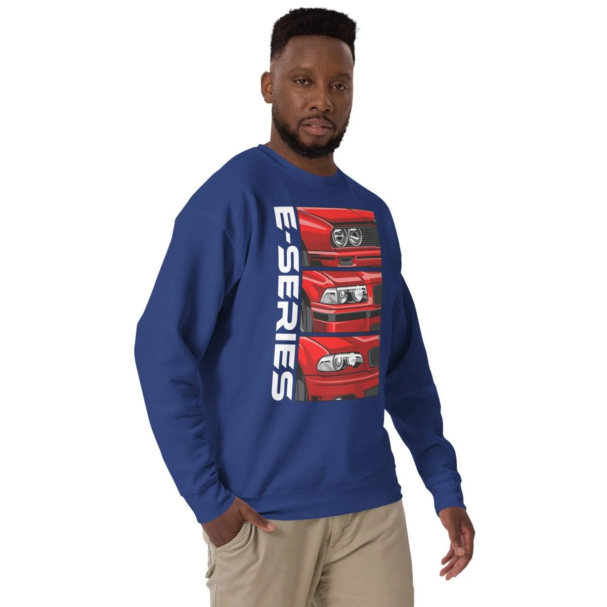 A man wearing a BMW 3 Series E30 E36 E40 Unisex Premium Sweatshirt with the words essense on it.