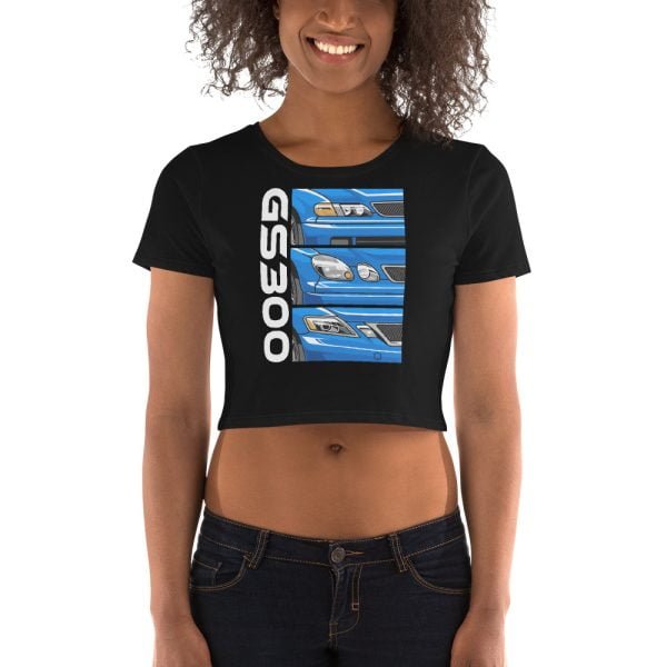 A woman wearing a Lexus GS300 JZS161 Generations Women's Crop Tee.