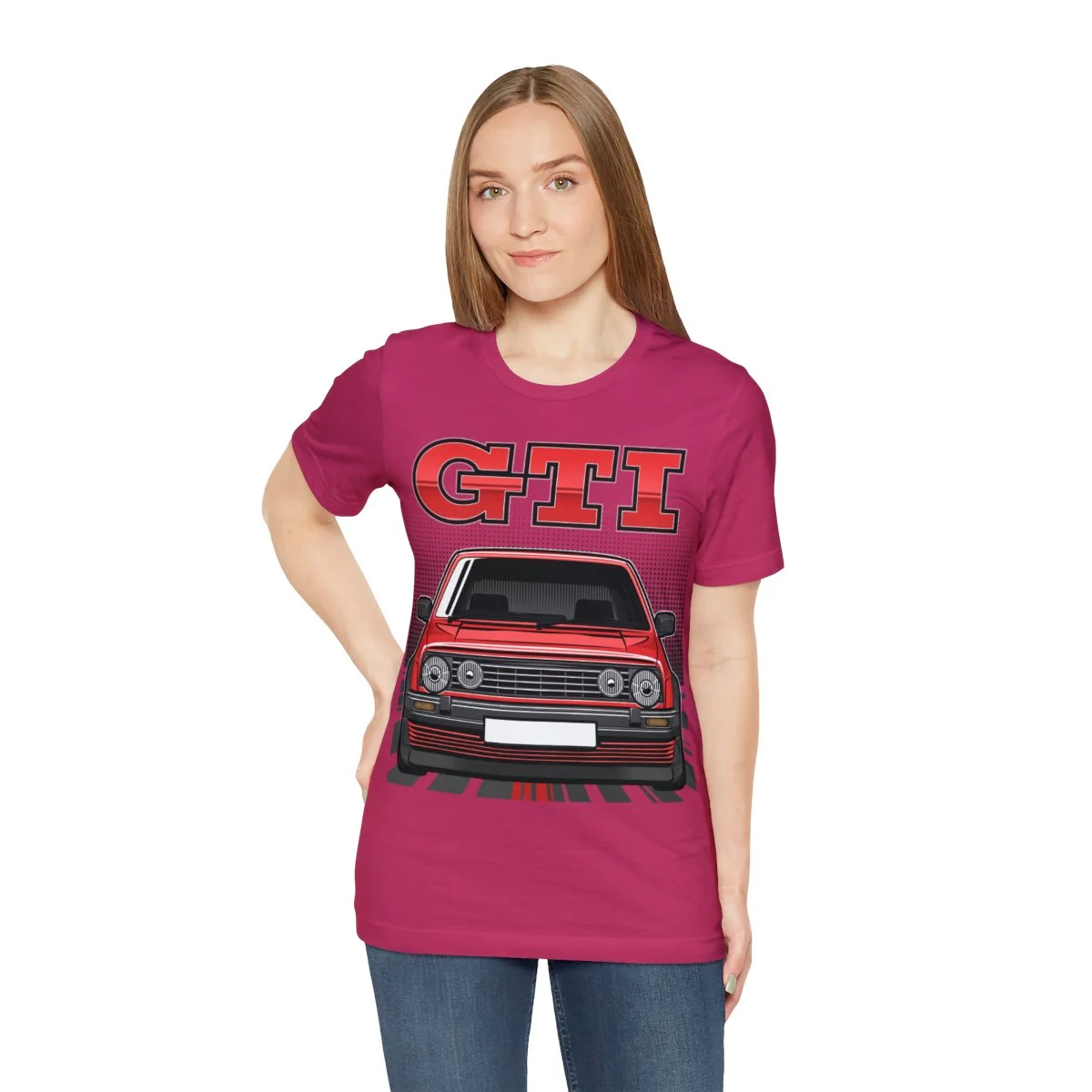 Volkswagen Golf Mk2 GTI T-shirt - Unisex Crewneck (Red Print) - Image 173