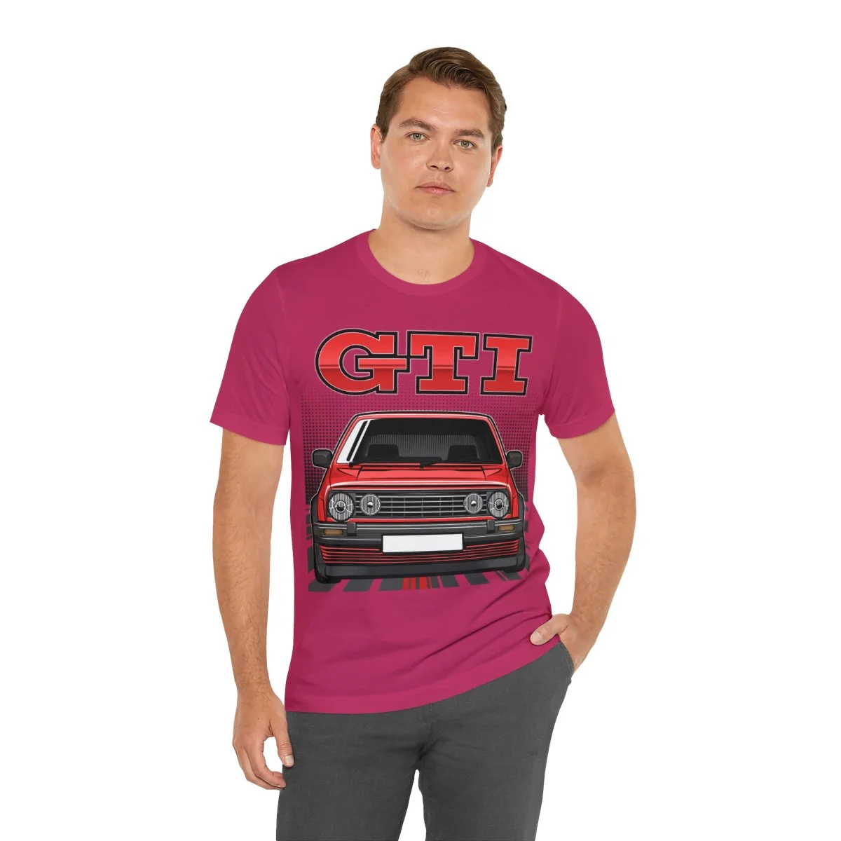 Volkswagen Golf Mk2 GTI T-shirt - Unisex Crewneck (Red Print) - Image 174