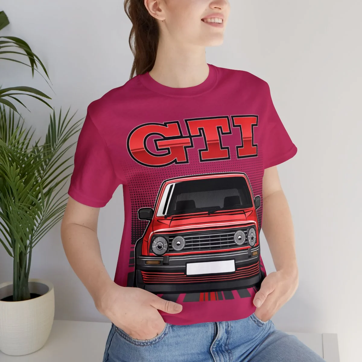 Volkswagen Golf Mk2 GTI T-shirt - Unisex Crewneck (Red Print) - Image 177