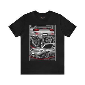 A black 3rd Gen Mazda RX-7 unisex t-shirt featuring an image of a Mazda RX-7.