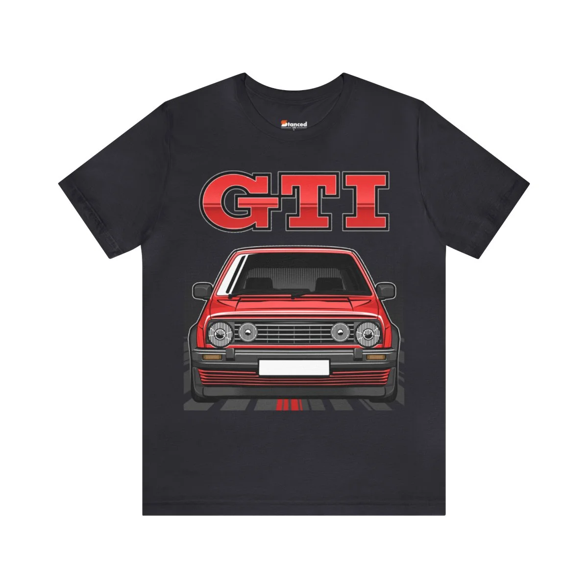 A black crewneck t-shirt featuring the word GTI, inspired by the Volkswagen Golf Mk2 GTI T-shirt - Unisex Crewneck (Red Print).