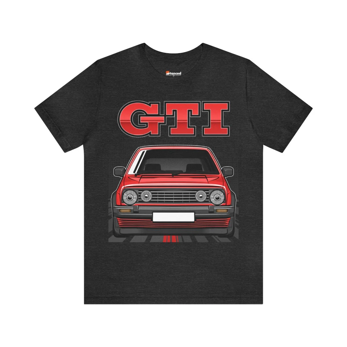 A black unisex crewneck t-shirt featuring the word GTI, inspired by the Volkswagen Golf Mk2 GTI T-shirt - Unisex Crewneck (Red Print).