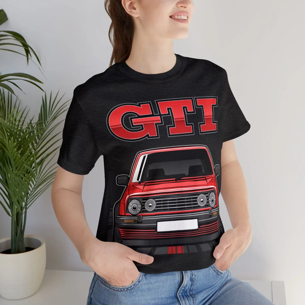 Volkswagen Golf Mk2 GTI T-shirt - Unisex Crewneck (Red Print) - Image 153