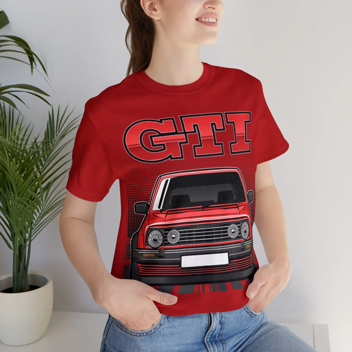 Volkswagen Golf Mk2 GTI T-shirt - Unisex Crewneck (Red Print) - Image 189