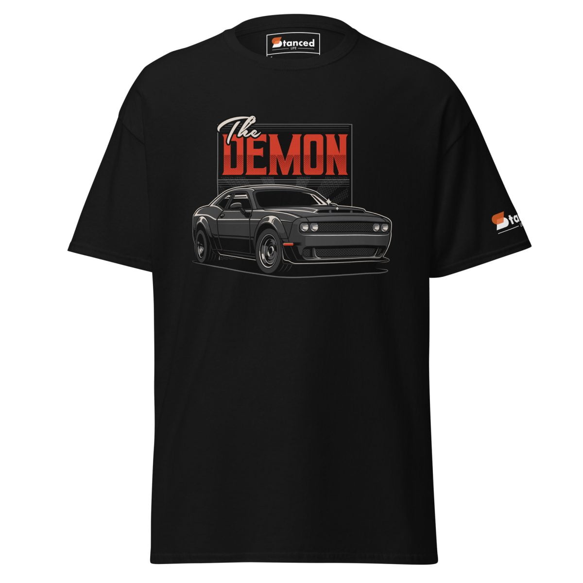 A black Dodge Challenger Demon SRT Mens T shirt featuring a Dodge Challenger Demon picture | StancedLife