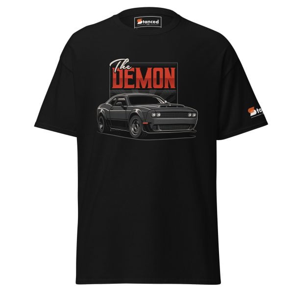 A black Dodge Challenger Demon SRT Men's T-shirt featuring a Dodge Challenger Demon picture.