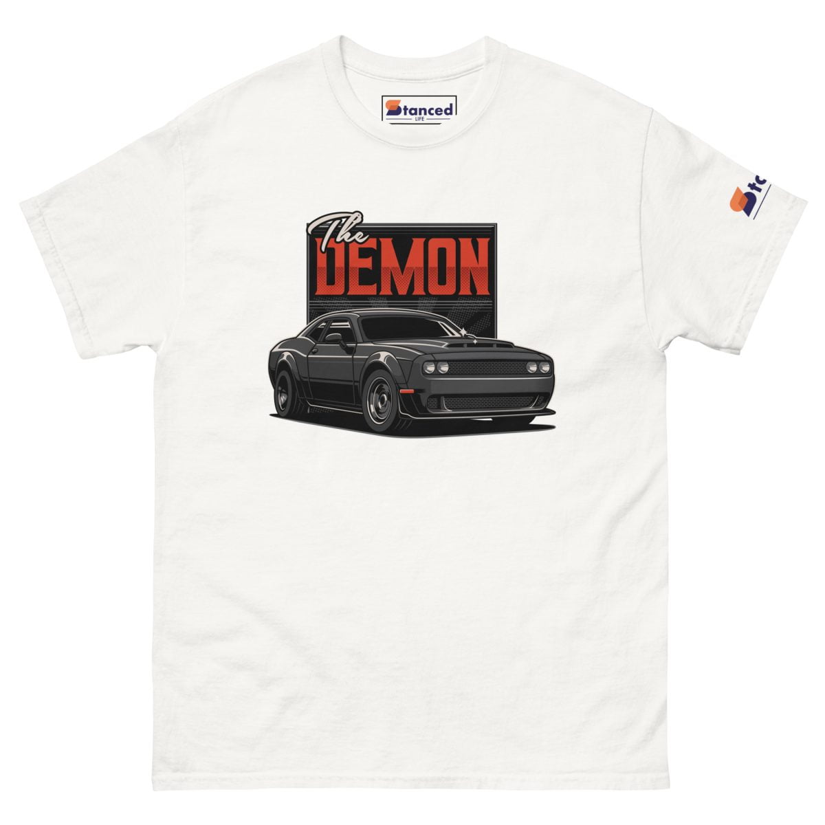 A white Dodge Challenger Demon SRT mens t shirt | StancedLife