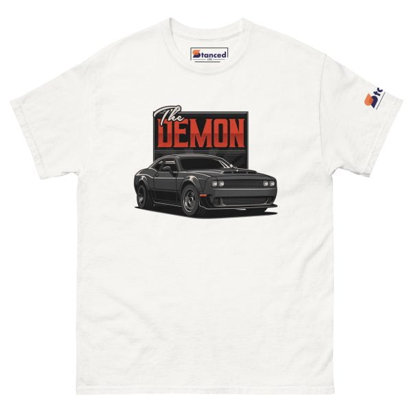 A white Dodge Challenger Demon SRT men's t-shirt.